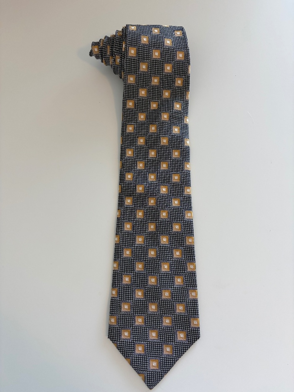 Domenico Franco Italia Hand Finished Italian Silk Tie Navy Gold Geometric 4"
